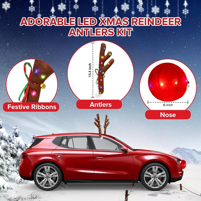Angooni Charming Christmas Car Decoration, Festive Reindeer Car Kit,Reindeer Antlers & Nose, Christmas Lights, Nice Gift for Families & Friends, Suitable for Jeeps, Trucks, Golf Carts... - Image 3